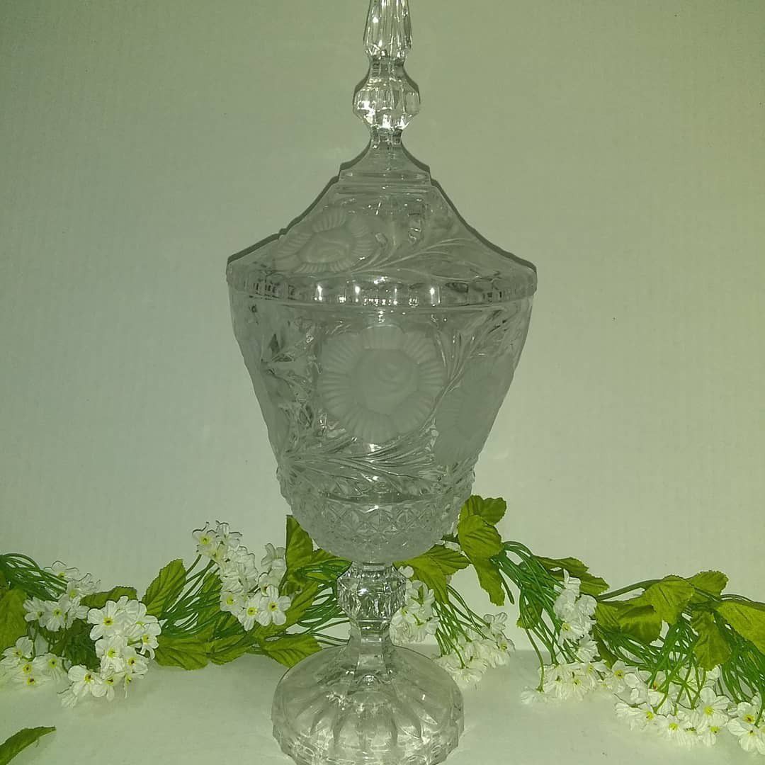 Crystal Clear Cut Candy Pedestal Dish with Lid 15 inches tall. Vintage
