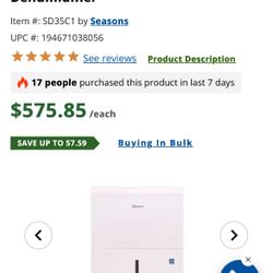 Like New Seasons 35 Pt. Portable Dehumidifier 