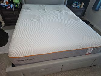 Queen Tempur-Pedic Mattress + Upholstered Storage Bed Frame – $600 OBO