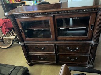 Cabinet with sliding glass doors and drawers