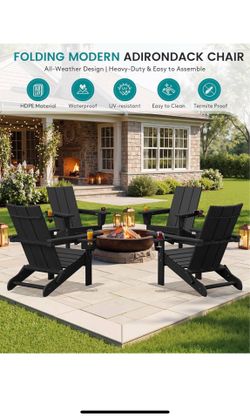 New in box SERWALL Modern Folding Adirondack Chairs Set of 4, HDPE, Cup Holders, Black Outdoor All-Weather Lawn Adirondack Chairs Wood Grain Lawn Chai