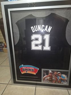 San Antonio Spurs "HOF" Tim Duncan, Manu Ginobili and Tony Parker Autographed Framed Jerseys. Manu and Tony Parker are Authenticated by Beckett Authe