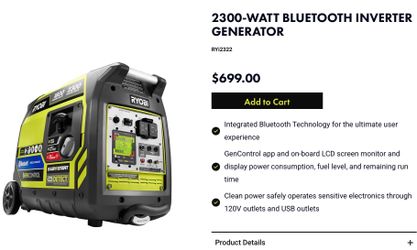 RYOBI 2300-Watt Bluetooth Inverter Generator RYI2322