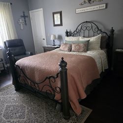 Dark wood and metal bedroom set - bed frame, dresser, 2 nightstands