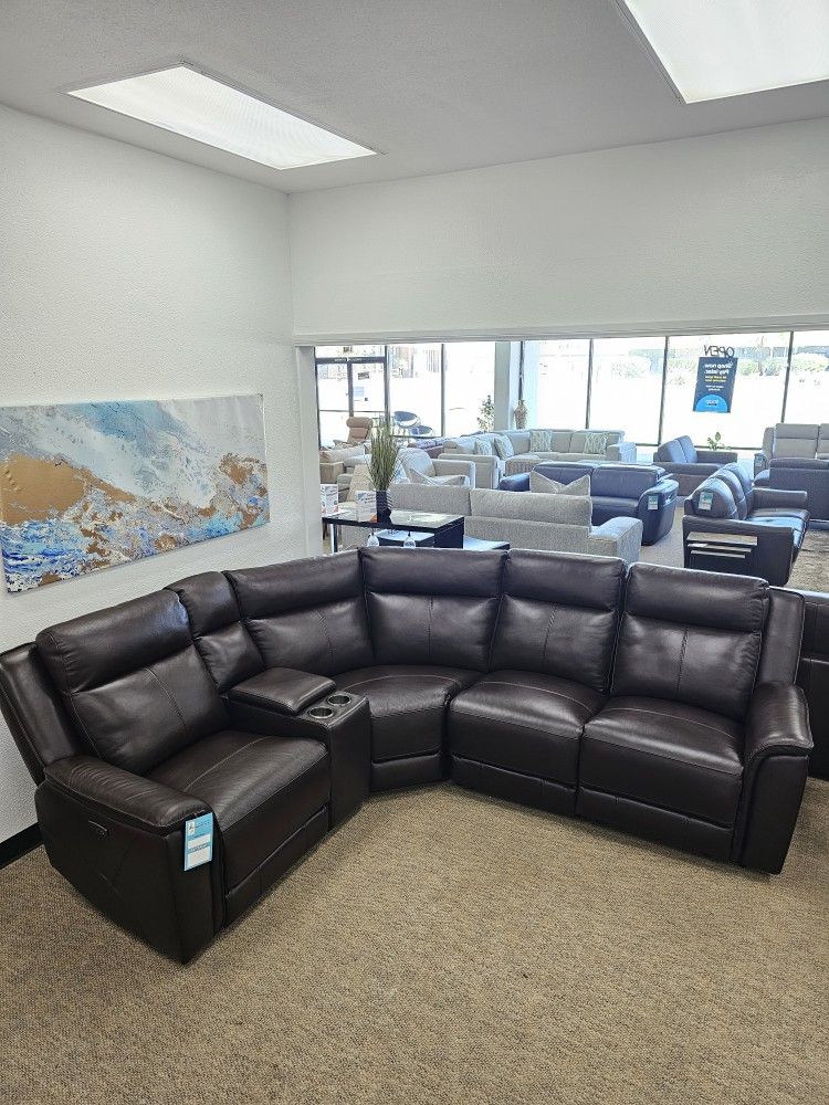Top Grain Leather Sectional Sofa With Two Power Recliners- Addyson