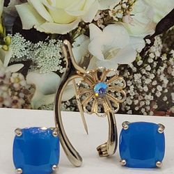 GORGEOUS SKY BLUE VINTAGE SET, BROOCH & EARRINGS
