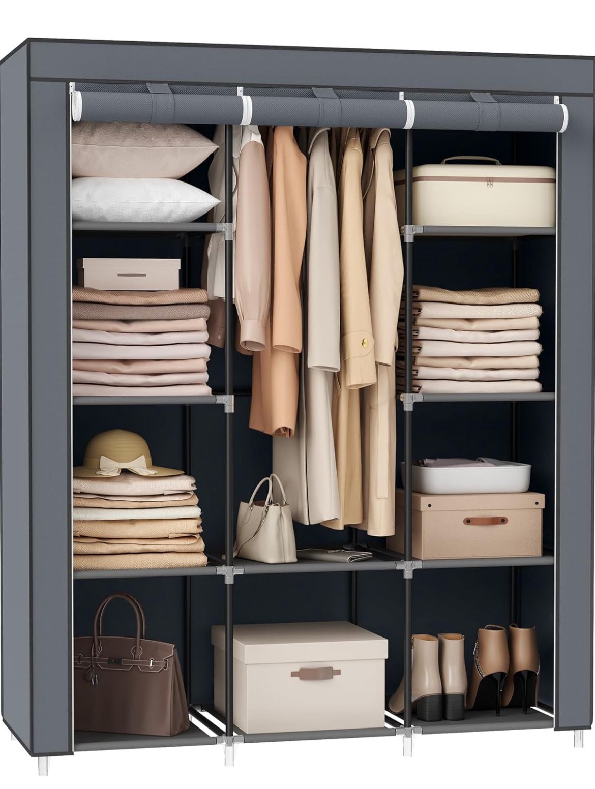 SONGMICS Portable Closet Clothes Storage Organizer w/ 10 Shelves 1 Clothes Hanging Rail - Grey