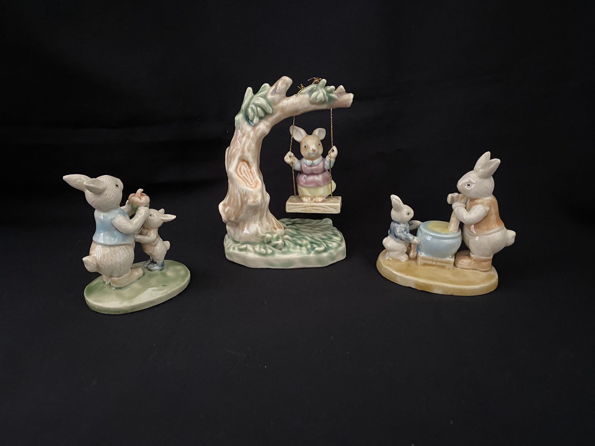 3 Vintage K’s Collection Bunny Rabbit Figurines Swing Glossy Porcelain Easter Decorations 
