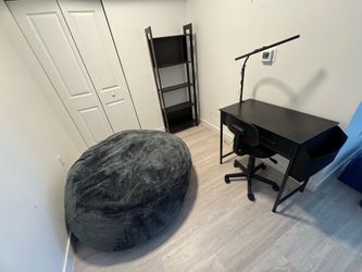 Bean bag, desk and shelf