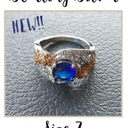 NEW Lab Created Blue Sapphire & Sterling Silver Plated Ring Size 7
