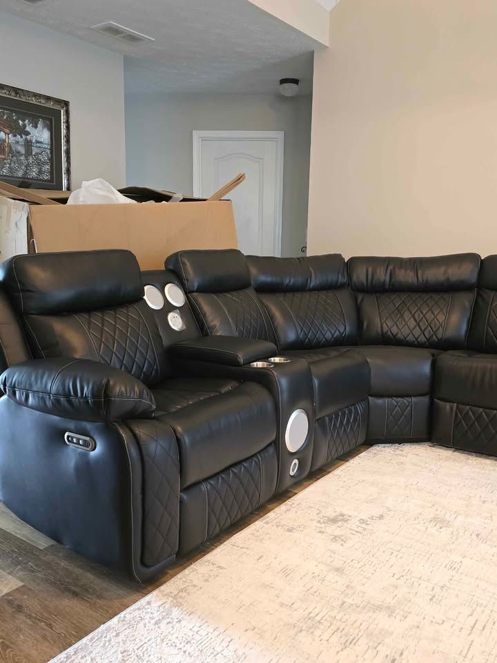 Luxury Black Leather Recliner Section Sofa, LED Lights, Bluetooth Speaker, Cup Holders 