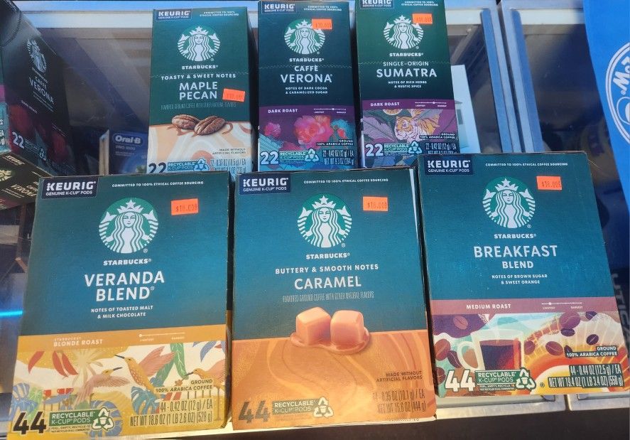 STARBUCKS K CUPS. MANY AVAILABLE. DYER IN