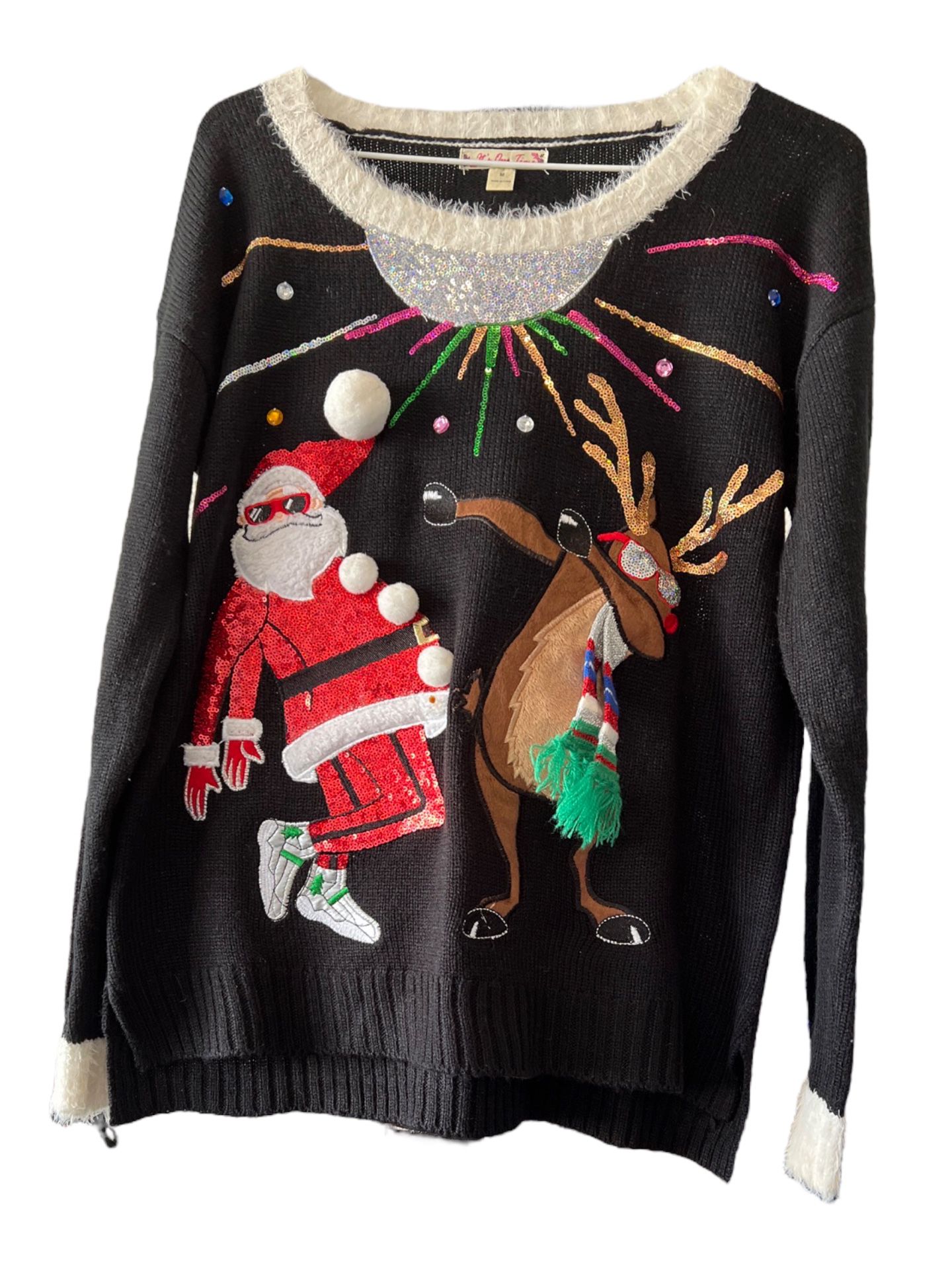 it’s our time santa rudolf dance sequin christmas sweater womens M.  Comes from a smoke and pet free household  Measurements in the pictures  B22 