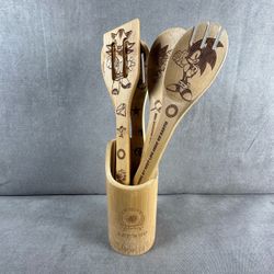 Sonic The Hedgehog Bamboo Kitchen Utensil Set 6 Piece Cooking Tools Holder