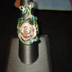 Silver Stainless Enamel Inlaid Rose Fashion Ring Size 8