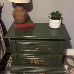 Nightstand or end table paint in a very dark green with gold hardware