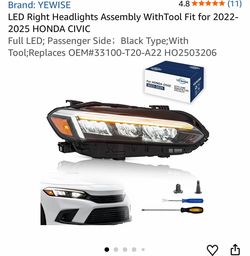 LED Right Headlights Assembly WithTool Fit for 2022-2025 HONDA CIVIC Full LED; Passenger Side;Black Type;With Tool;Replaces OEM#33100-T20-A22 HO250320