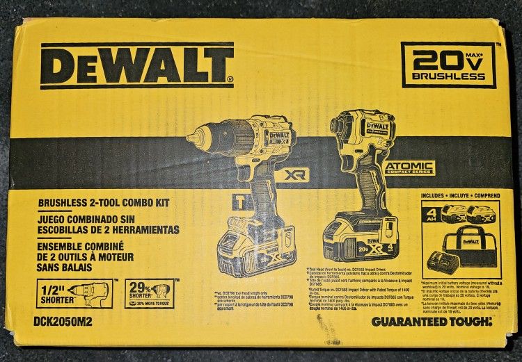 Dewalt 20-Volt Brushless Cordless Compact Hammer Drill And Compact Impact Driver Kit W/ Two 4ah Batteries, Charger And Contractor Bag Included 