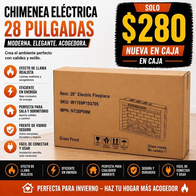 Chimenea Eléctrica 28” – Nueva en Caja – Moderna y Acogedora/Electric Fireplace 28” – Brand New in Box – Modern & Cozy