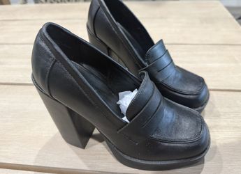 New: Bamboo Black Heeled Loafer Womens Shoes Size 7 Penny Loafers Slip-On Pumps Y2K