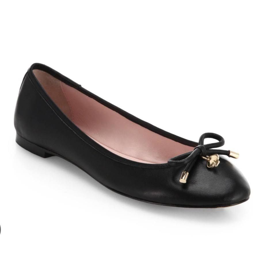 KATE SPADE Black Leather Willa Bow Spade Charm Round Toe Ballet Flats