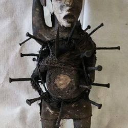 African Bakongo Nkisi Nkondi Nail Fetish Congo Carved Wood Voodoo 13.5”Sculpture