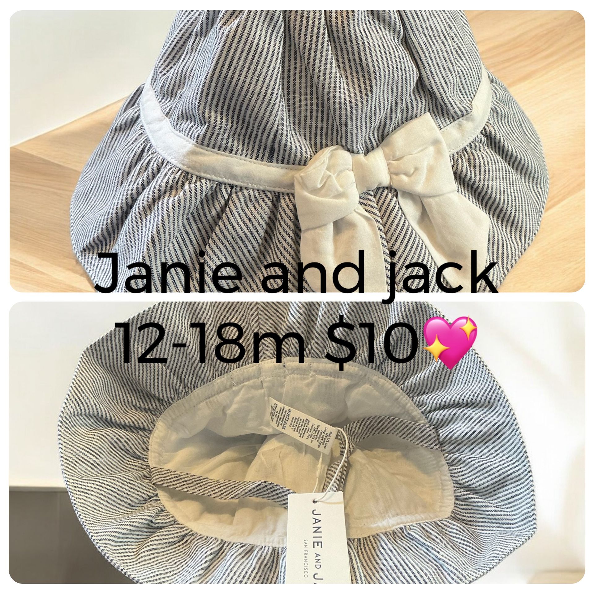 Jack & Janie Bucket Hat Kids 3 Sizes Available 0-3M 12-18 And 18-24 Mos Black/White Striped Linen Blend w/Bow NEW