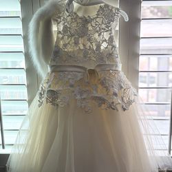 Ivory Lace Champagne Tulle Flower Girl Dress with Bow Belt 