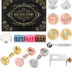 Wax Seal Stamp Kit, Gift Box,Wax Stamp kit 10pcs, 6 Pcs Sealing Wax Stamps, Retro Sealing Stamp for Ideal for Christmas Cards, Birthday Cards Etc