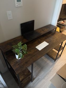 Benjara Industrial 55” Wood & Metal Desk with 2 Shelves (Basically New)