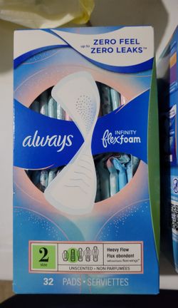1  BOX OF ALWAYS Infinity Flex-Foam (Size 2/32 Count) HEAVY FLOW Sanitary Pads Non-Wings Unscented For $8