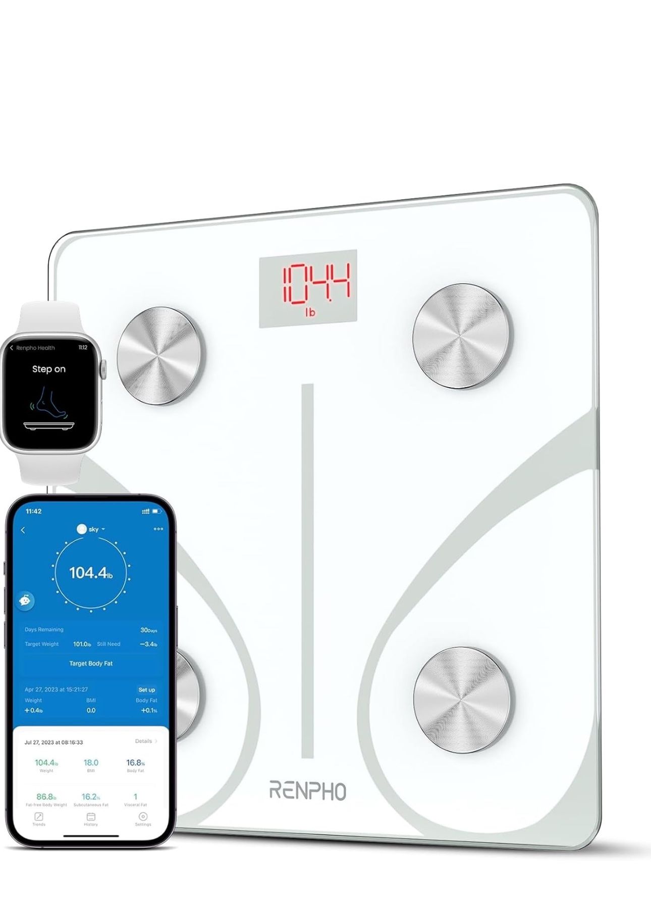 RENPHO Smart BMI,Weight Scale,Wireless, Digital Bathroom Body Composition/Fat Analyzer with Smartphone App sync with Bluetooth, 400 lbs - White Elis 1