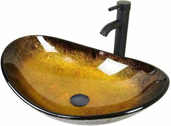 YOURLITE Artistic Bathroom Vessel Shape Glass Vessel Sink, Oil Rubbed Bronze Faucet & Pop-Up Drain, Gold Ingot