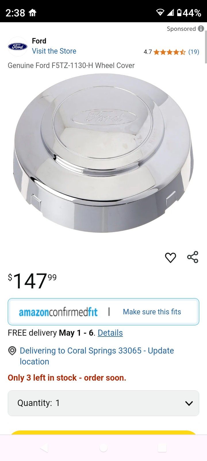 Ford Hub. Cap Cover Center Chrome