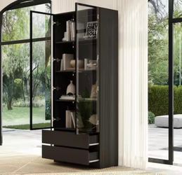 78.7 in. Black Wooden Accent Storage Cabinet with 2 Glass Doors
