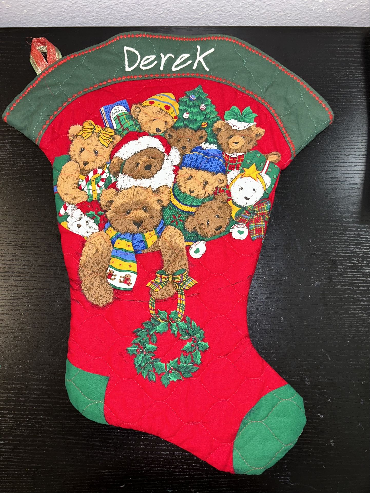 Vintage Christmas Stocking Cranston Teddy Bear Themed Quilted Hand Sewn Derek