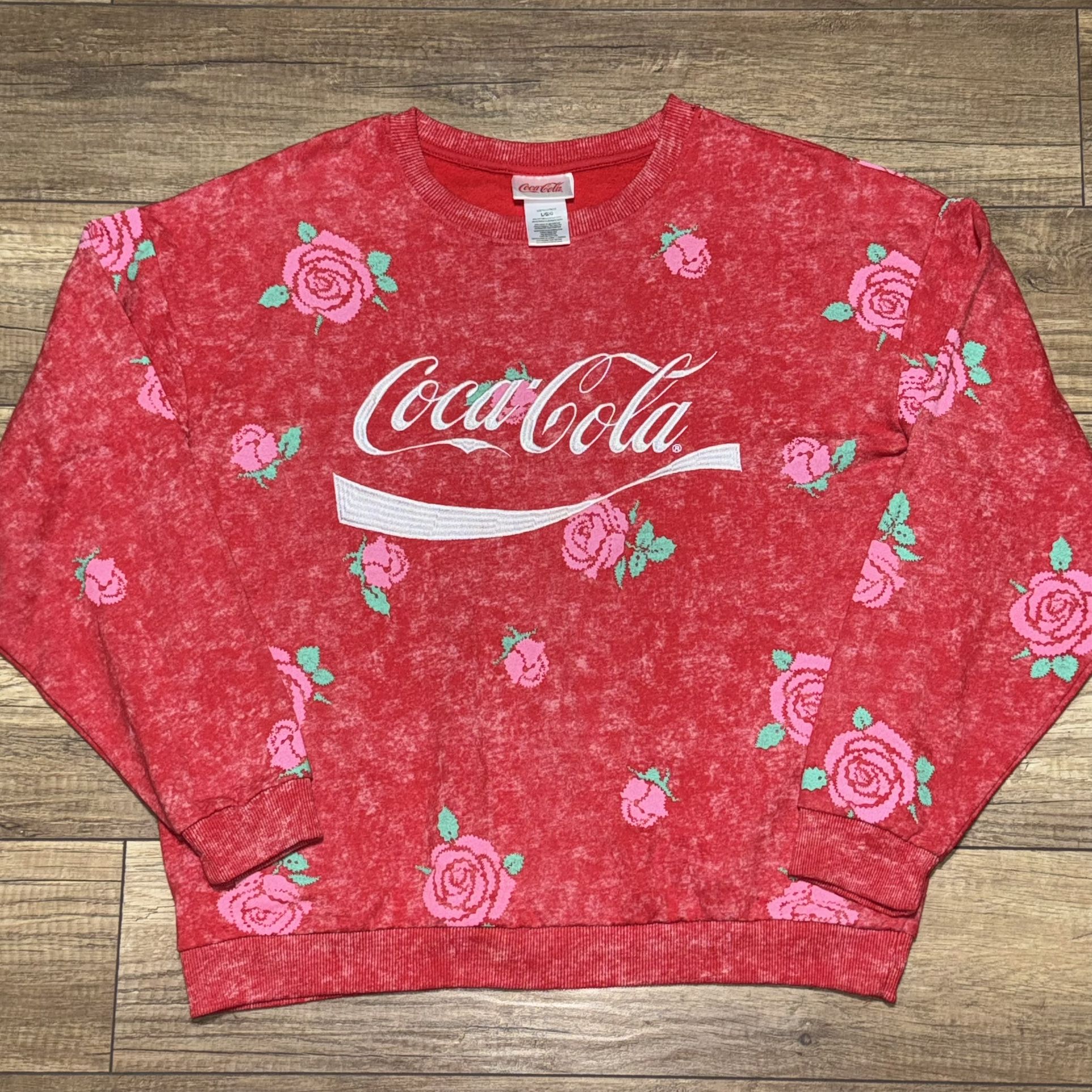 Coca-Cola Coke Roses Graphic Acid Wash Pullover Cozy Warm Sweatshirt Womens L