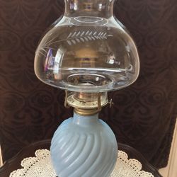 Vintage Blue Swirl Oil Lamp. Purchased in Mexico. 14” Tall. Wick is in Base 