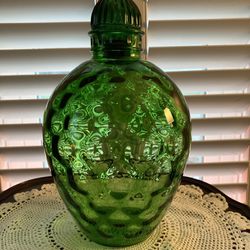 Vintage Reverse Honeycomb Emerald Green Glass Decanter Jar w/lid