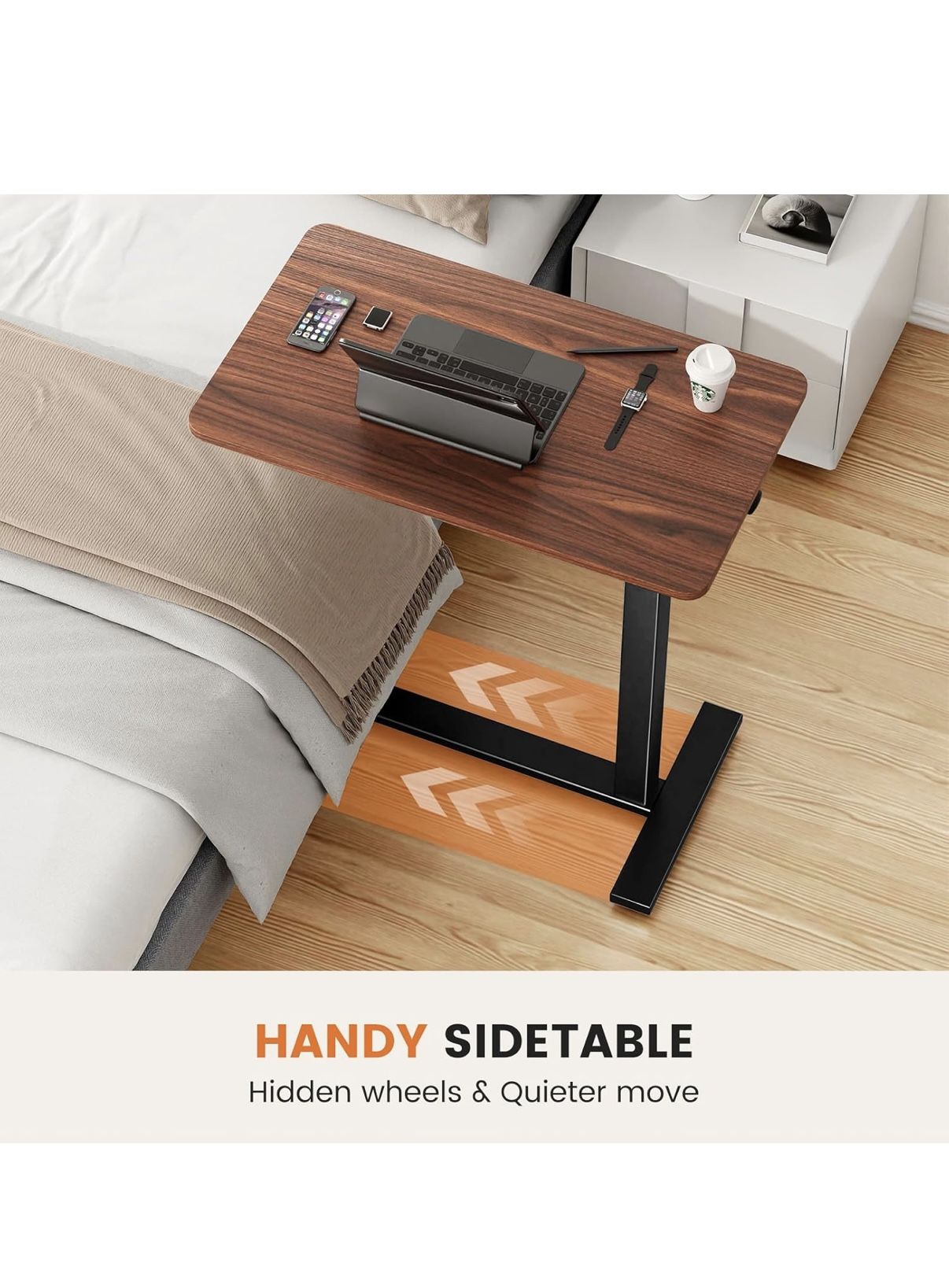 Adjustable Overbed Table With Wheels - Mobile Bedside Desk For Hospital & Home, Rolling Laptop Table