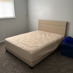 Queen size beige upholstered bed frame with headboard & hybrid mattress