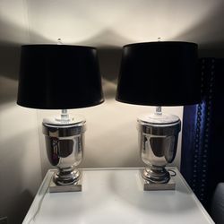 Visual Comfort & Co. Chrome Table Lamps Pair 29.5” w/ Black Drum Shades Modern
