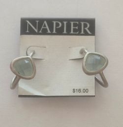 Napier Silver Toned Green Faceted Stone Hoop Earrings