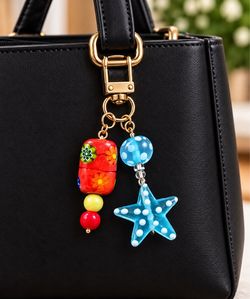 Colorful Blue Starfish & Floral Beaded Keychain – Cute Ocean Bag Charm
