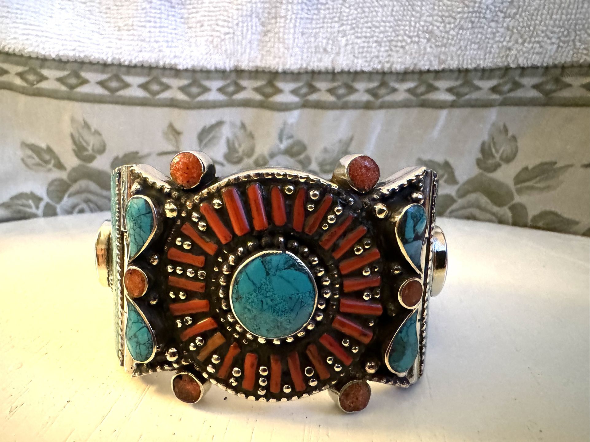 Vintage and handmade Tibetan silver Bangle inlaid with Coral and Turquoise handmade 122grams