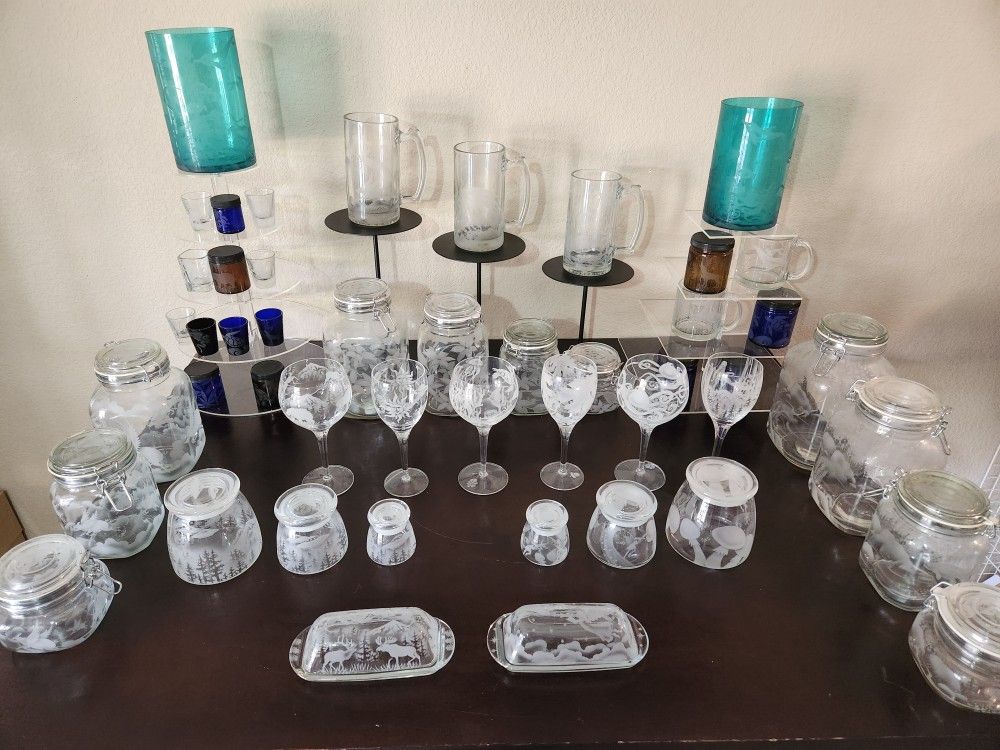Hand Etched Glass Closeout Jars Mugs Crystal Goblets Butter Dish And More
