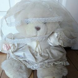 plush wedding shower bridal white teddy bear in veil stuffed animal bride