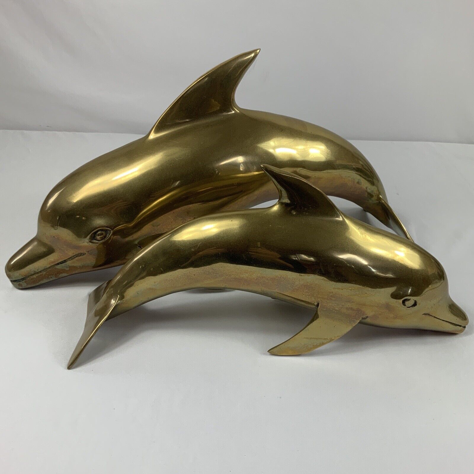 Vintage Heavy Brass Pair Of Dolphin Figurines Sculptures 17.5” And 13.5”