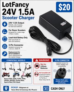 LotFancy 24V 1.5A Razor Scooter Charger – 3-Pin Connector