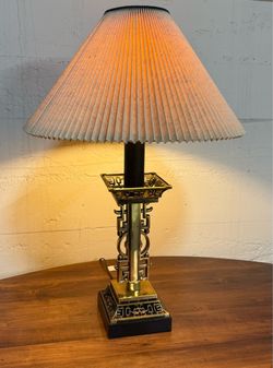 Brass Asian-Style Table Lamp with Pleated Shade